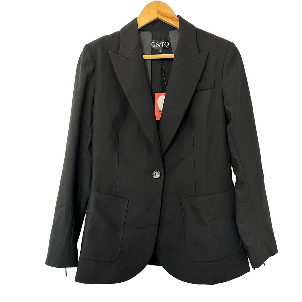 GSTQ Womens Luxe Scuba Suit Blazer Size S Black Classic Corpcore Office NEW